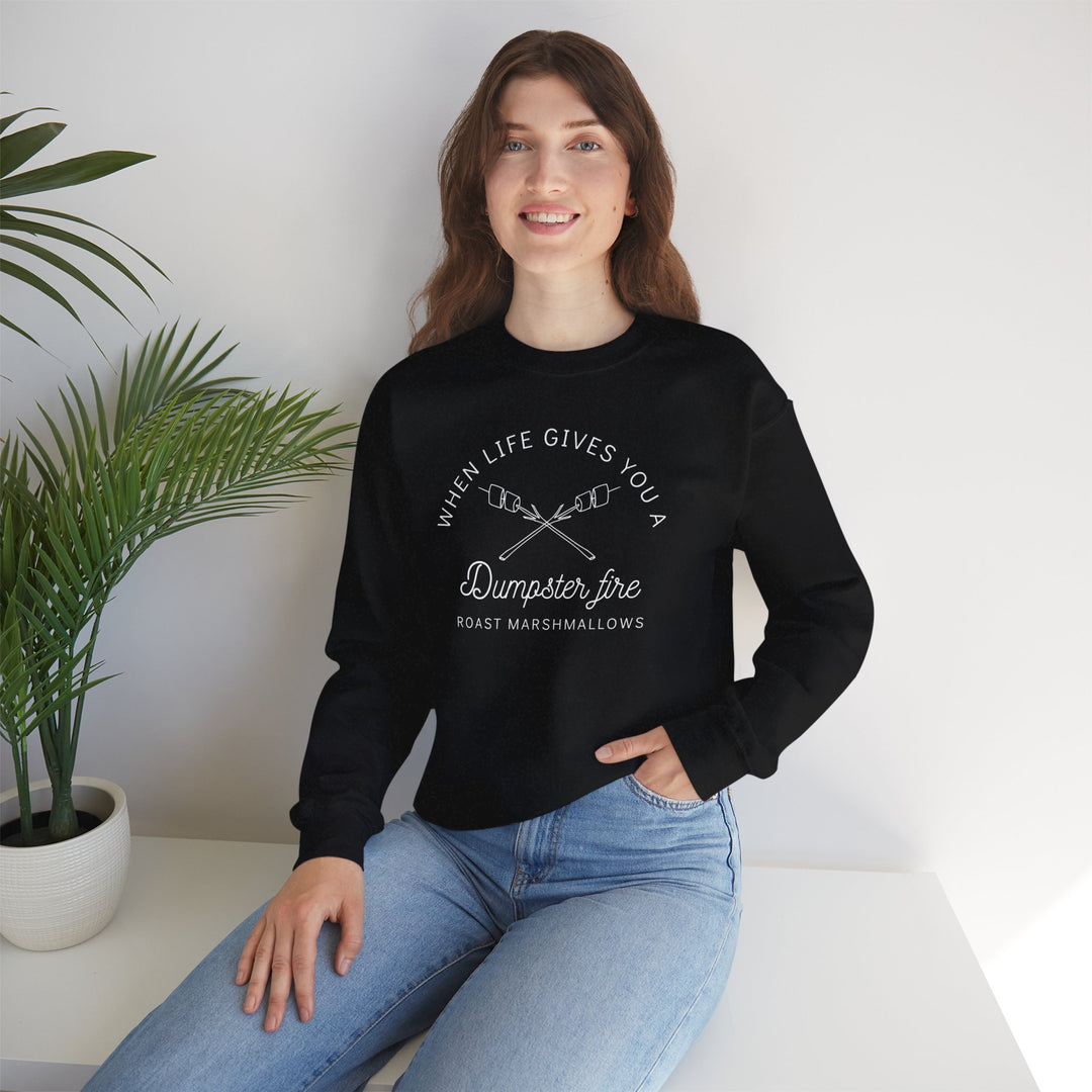 “When Life Gives You a Dumpster Fire, Roast Marshmallows” Unisex Heavy Blend™ Crewneck Sweatshirt