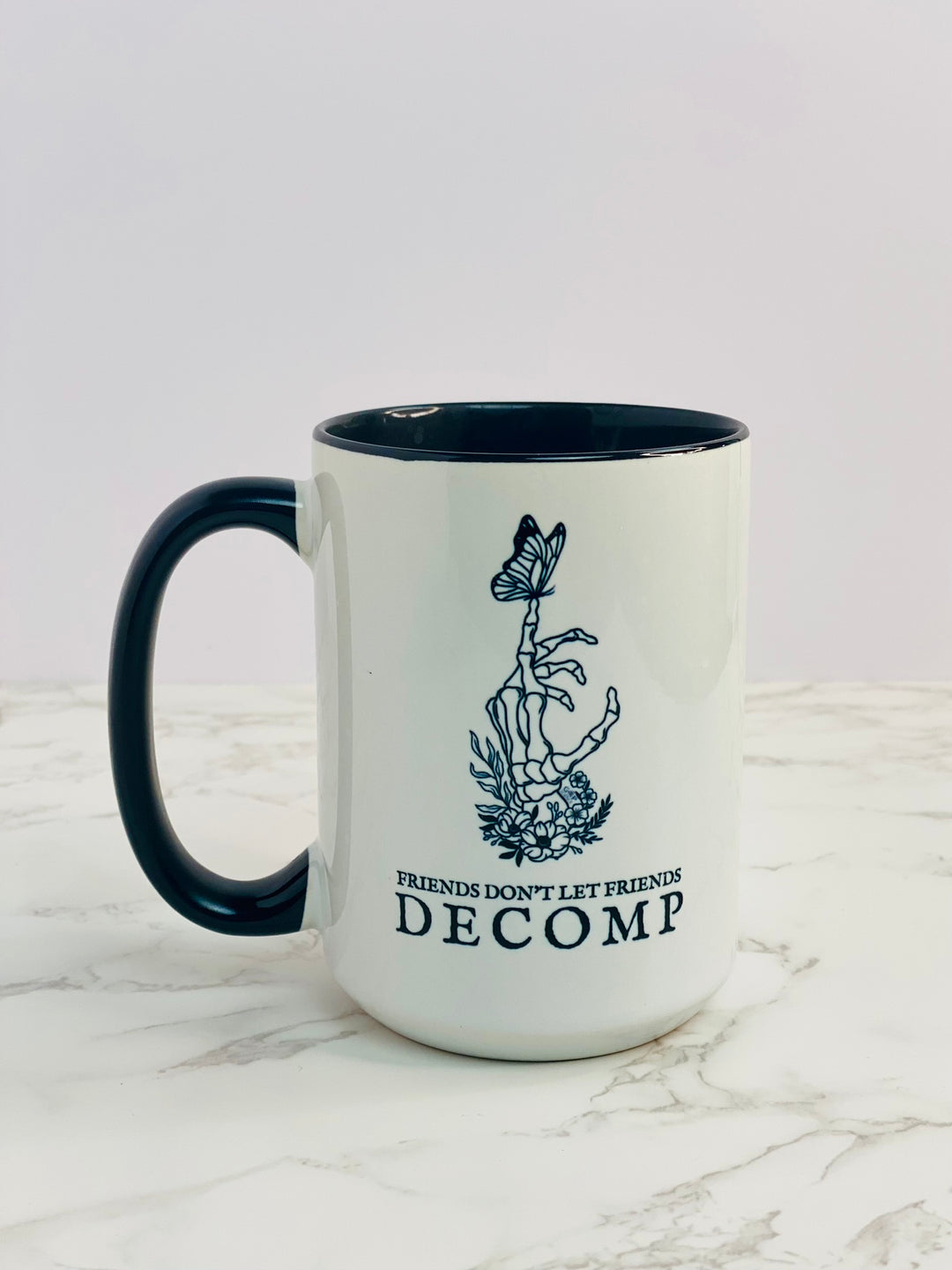 "Friends Don't Let Friends Decomp" Butterfly Two-Tone Coffee Mugs, 15oz