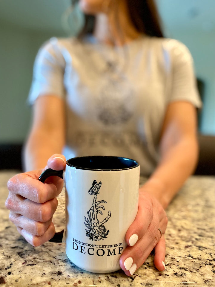 "Friends Don't Let Friends Decomp" Butterfly Two-Tone Coffee Mugs, 15oz