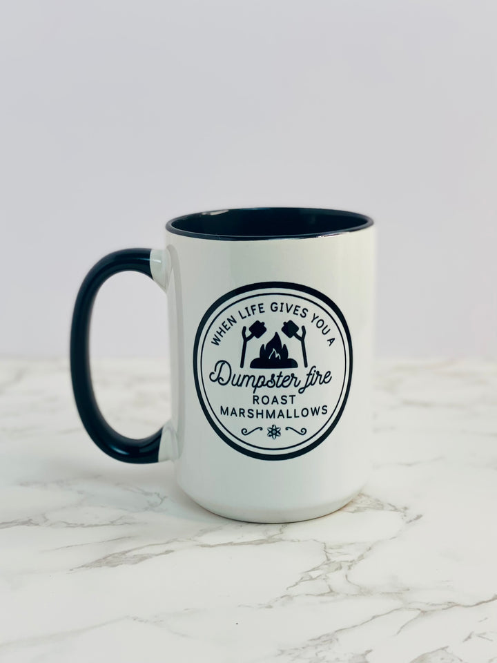 "When Life Gives You a Dumpster Fire, Roast Marshmallows" Two-Tone Coffee Mug, 15oz